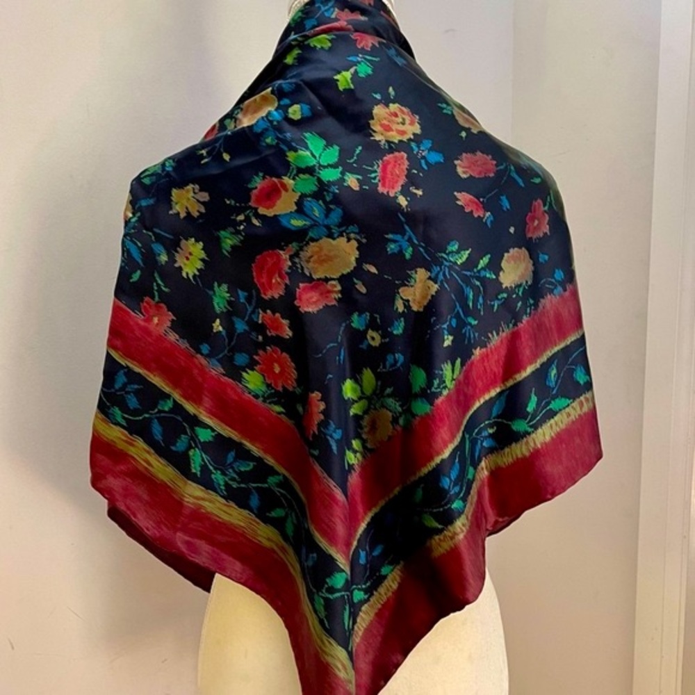 Vintage Floral Print Navy, Green, Reddish Brown Silk Scarf